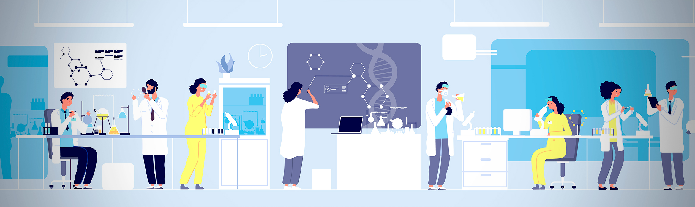 Ilustración de investigadores químicos científicos profesionales que trabajan con un equipo de laboratorio